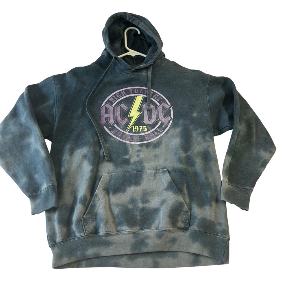 AC/DC High Voltage 1975 Graphic Hoodie Acid Wash Tie Dye Grey Sweatshirt